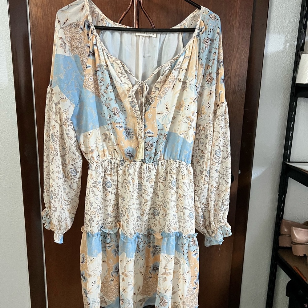Floral Boho Dress with Blue and Cream Accents